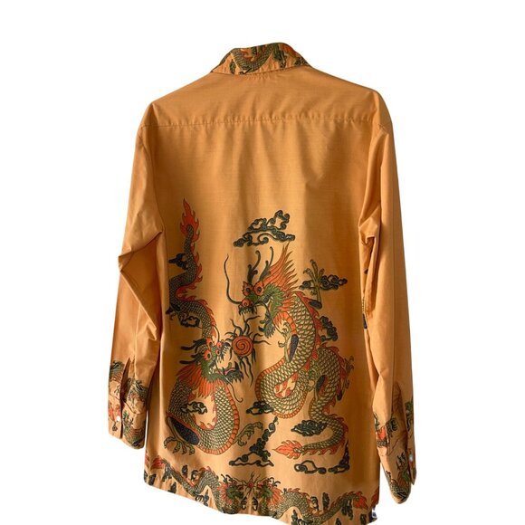 Vintage 1970s Mens Shirt Size Large Orange Dragon Button Down Long Sleeve - Picture 2 of 12